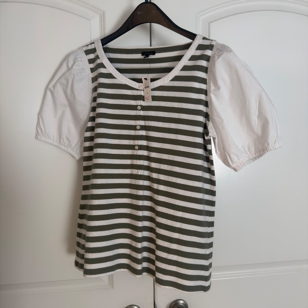 Talbots Womens NWT Olive Green White Striped Puff Sleeve Henley Knit Top Size M
